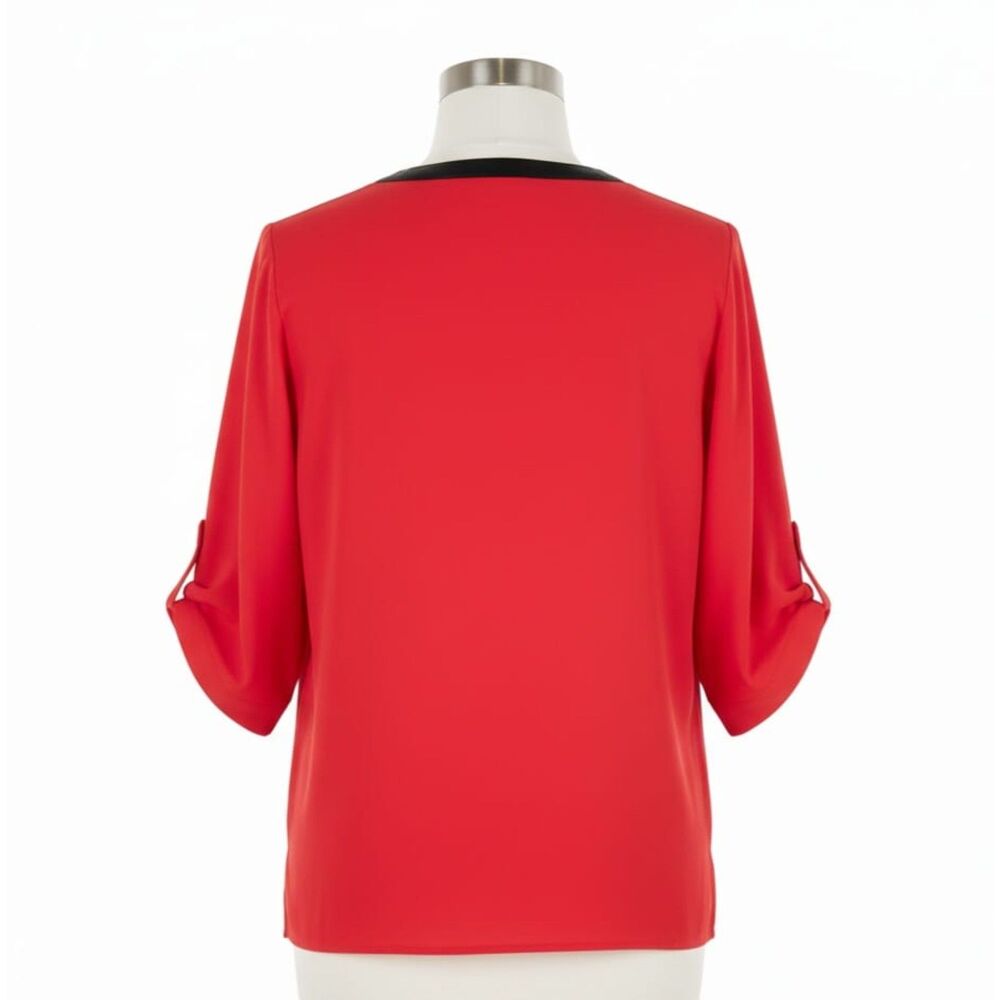 Calvin Klein Red Tunic Top w/Faux Leather Collar Gold Zip & 3/4 Tab Sleeves Sz S - Picture 2 of 7